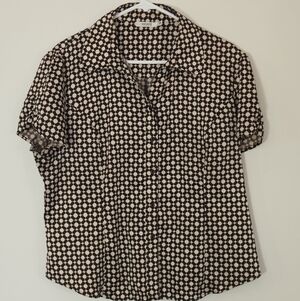Ricki's 16 Blouse Brown & Cream Mod Geometric Print Short Sleeve Button Down